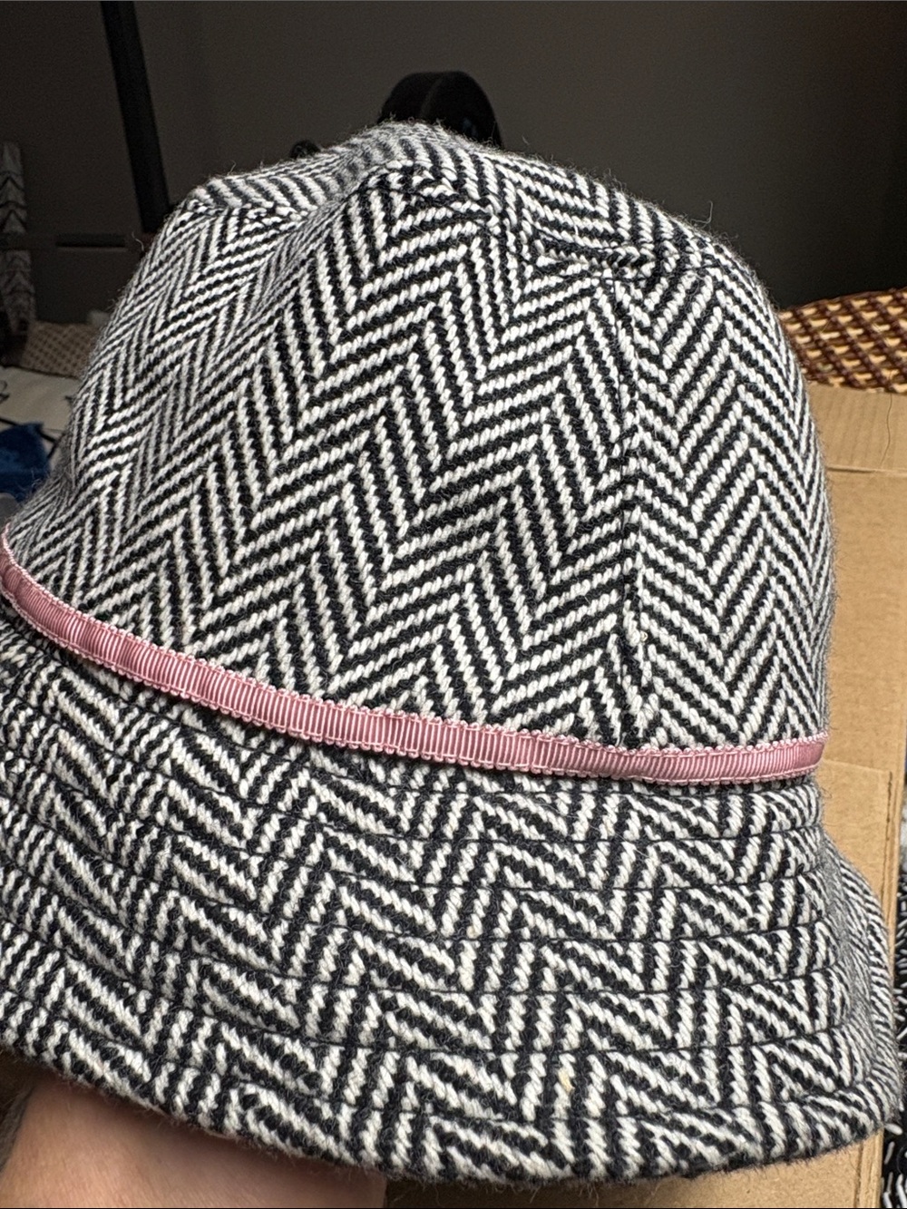 J. Crew Black & White Herringbone Bucket Hat with Pink Ribbon - Picture 7 of 16